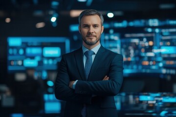 Fototapeta premium Confident adult caucasian male professional in technology office environment.