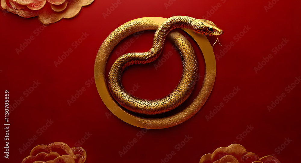 Poster golden snake in circular frame with clouds on red background