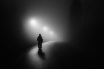 Obraz premium A man is walking down a road in the dark. The road is wet and foggy, and the man is the only person visible. The scene is eerie and unsettling, with the darkness