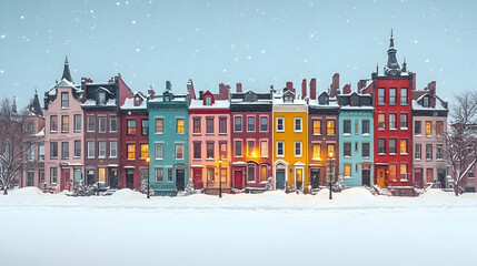 Fototapeta premium Charming Colorful Row Houses in a Snowy Winter Wonderland: A picturesque scene of vibrant townhouses covered in fresh snow, creating a magical winter atmosphere.