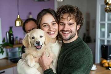 Couple with puppy and person photo-bombing a smile