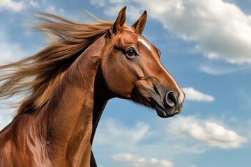 Obraz premium Majestic brown horse with flowing mane against a blue sky backdrop in a tranquil field