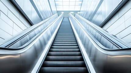 Fototapeta premium A long, stainless steel escalator leading upwards in a modern building or subway station.