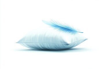 A soft white pillow with a delicate blue feather resting on it, isolated on a white background