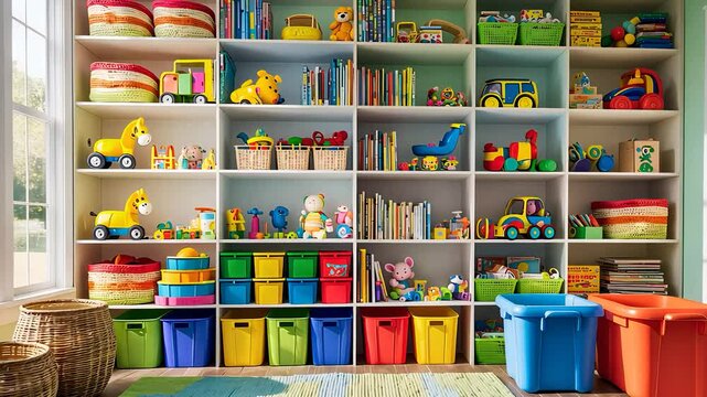 Organized Toy Storage Shelf with Colorful Bins, Books, and Play Items in a Bright Children&rsquo;s Playroom

