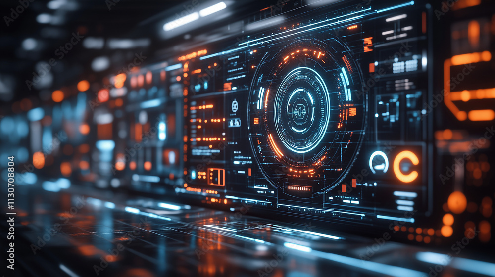 Poster futuristic interface: an abstract, high-tech visual of a glowing, intricate digital interface with o