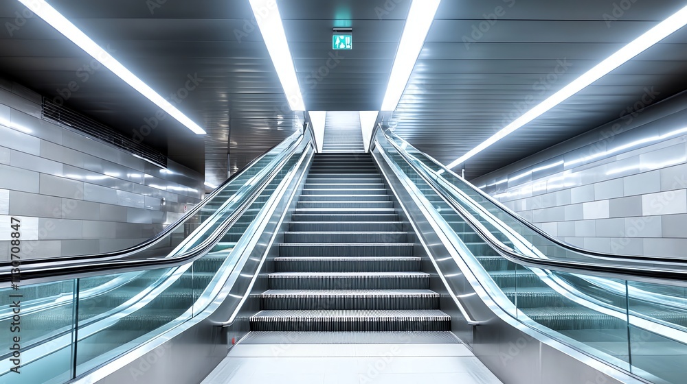 Poster an escalator leading upwards in a modern building or subway station.