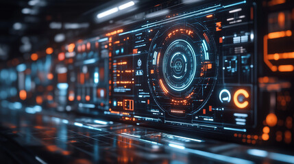 Obraz premium Futuristic Interface: An abstract, high-tech visual of a glowing, intricate digital interface with orange and blue lights. The intricate design evokes a sense of advanced technology and innovation. 