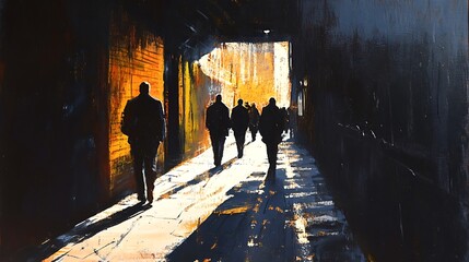 Urban alley scene featuring bold shadow patterns from people passing under intense light 