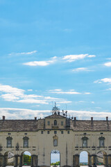 The entrance gate of the famous Oropa Shrine, located close to the city of Biella, Italy. Blue sky...