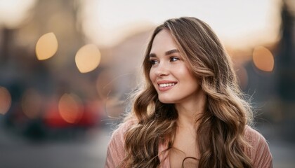 Obraz premium young woman with long, wavy hair smiles softly against blurred city background