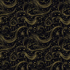 Elegant swirling gold pattern with stars on a black background