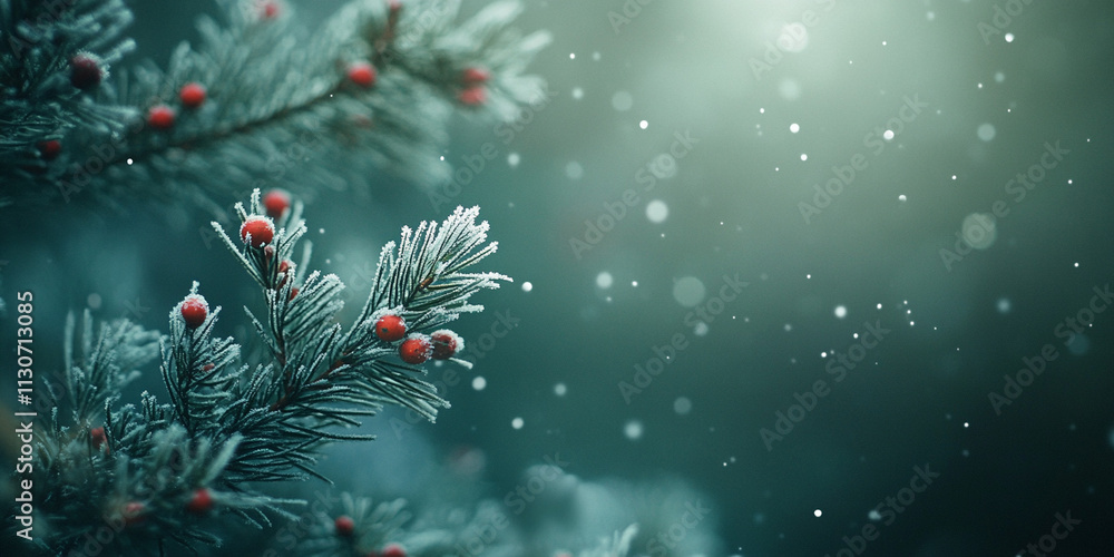 Poster a close-up of frosted pine branches adorned with small red ornaments and falling snowflakes, with so