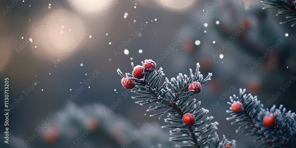 Poster a close-up of frosted pine branches adorned with small red ornaments and falling snowflakes, with so