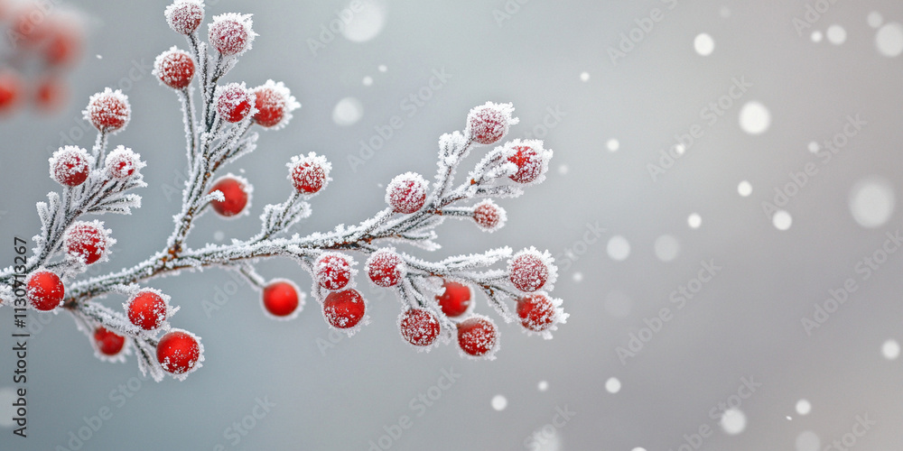 Poster a close-up of frosted pine branches adorned with small red ornaments and falling snowflakes, with so