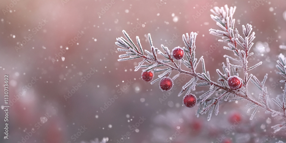 Poster a close-up of frosted pine branches adorned with small red ornaments and falling snowflakes, with so