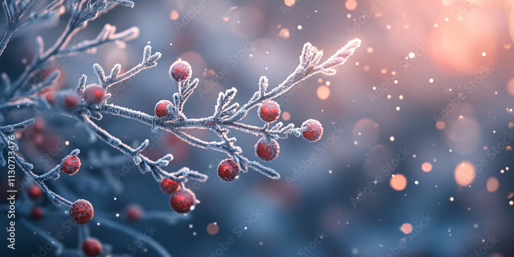 Poster a close-up of frosted pine branches adorned with small red ornaments and falling snowflakes, with so