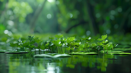 Naklejka premium Close-up of vibrant green aquatic plants gracefully floating on water, creating a serene and tranquil natural setting with a blurred forest background