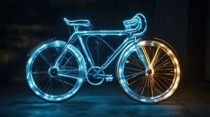 Fototapeta premium Bicycle with Glowing Wheels in a Dark Garage