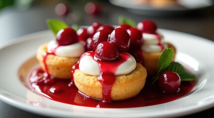 Mini tarts topped with cream and glistening cherries, drizzled with cherry sauce, served on a white plate with green leaves for garnish