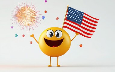 Fototapeta premium A proud emoji holding a waving American flag, standing tall with fireworks in the background on a white background 