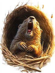 Fototapeta premium A lively beaver yawning while nestled in its cozy den of straw, showcasing the charm of wildlife in nature.