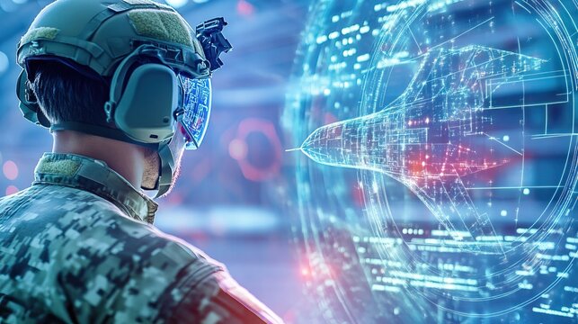 Advanced pilot wearing VR headset analyzing aircraft