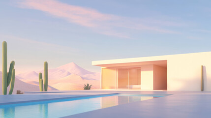 Fototapeta premium Mid century modern house with pool in serene desert setting