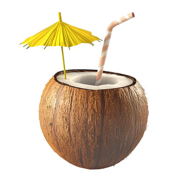 A coconut drink with a straw and a small yellow umbrella, perfect for tropical settings.