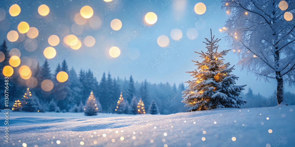 Aufkleber frosty winter scenery with snow-laden trees illuminated by golden bokeh lights, creating a tranquil 