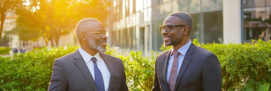 Two senior executives engaging in conversation outside