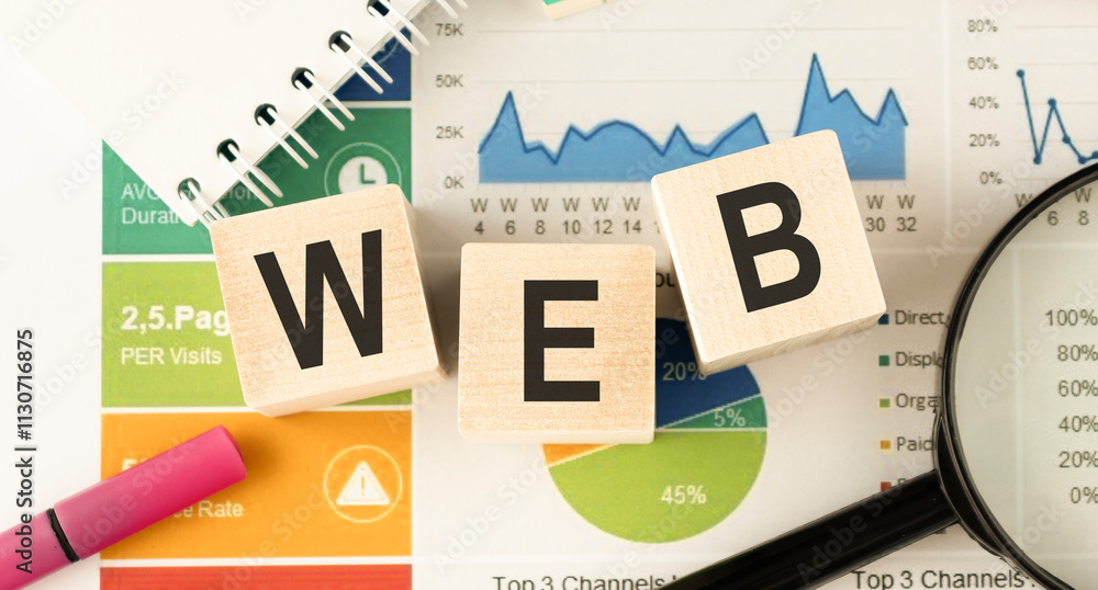 Poster text word web on wooden cubes and flower in a pot in the background