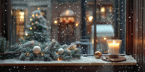 Obraz premium A cozy café window decorated with frosted pine branches, a lit candle on the table, and snow falling outside. Perfect for winter holiday themes and festive designs with copy space.