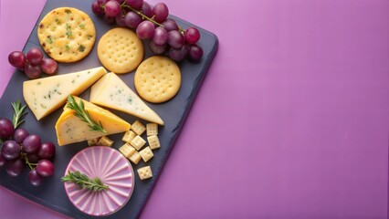 Selection of cheese and crackers on a slate board, top view, copy space.