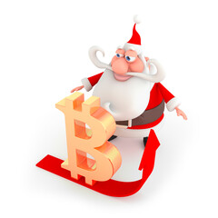 Santa Claus and golden bitcoin. 3D rendering