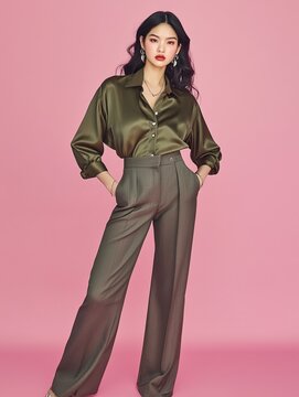 Sophisticated woman in olive satin pants and shirt