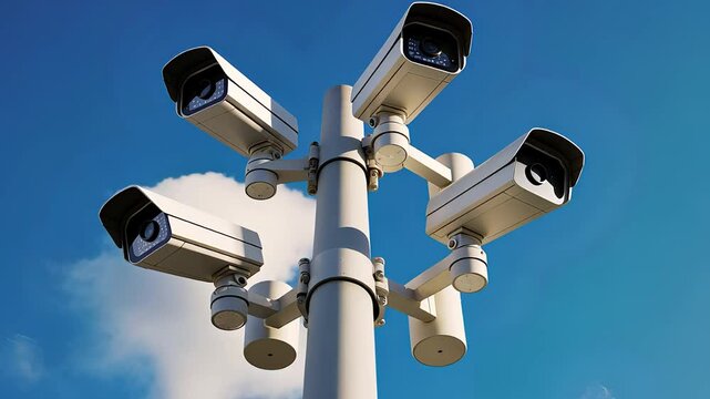 Multiple Security Cameras Mounted on a Pole Against a Clear Blue Sky Ensuring Surveillance and Safety

