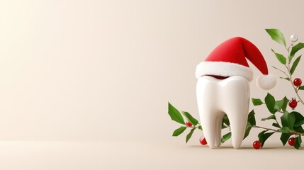 Fototapeta premium Clean and festive tooth wearing a Santa hat with mistletoe background for holiday advertising