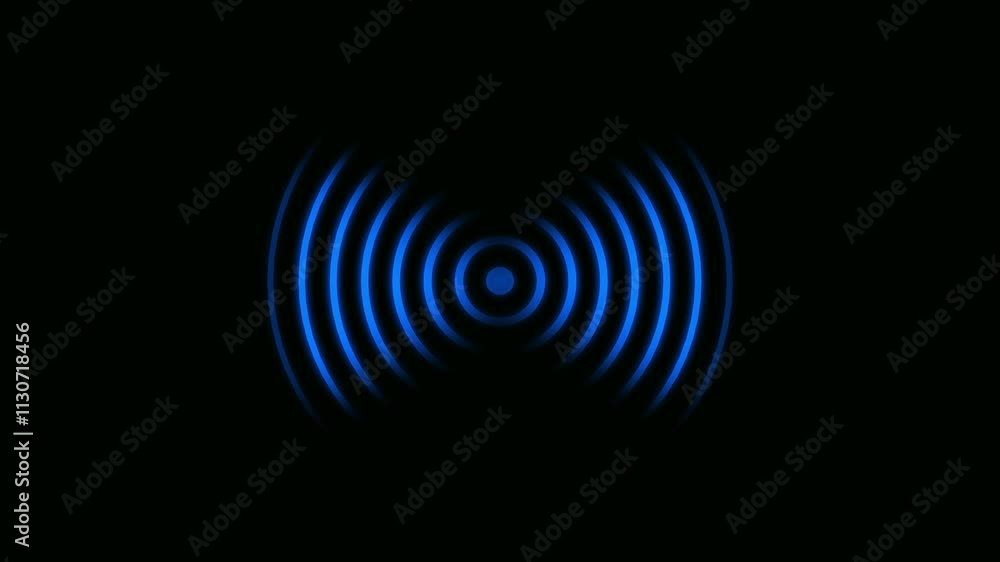 Poster animation of blue radio waves spreading, alpha channel. abstract neon circle radio waves looping bac