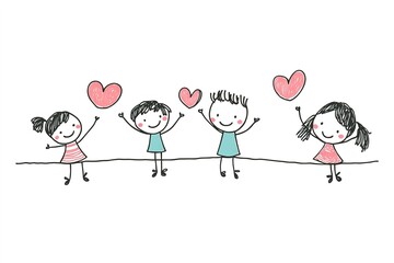 Minimalist Kids Love Couples Moments Illustrated in Simple Hand-Drawn Lines on White Background
