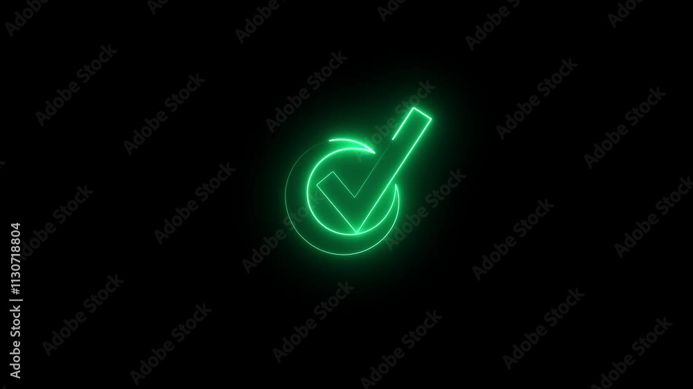 Poster neon line moving check mark icon animation concept .lighting check mark. glowing neon light check ma