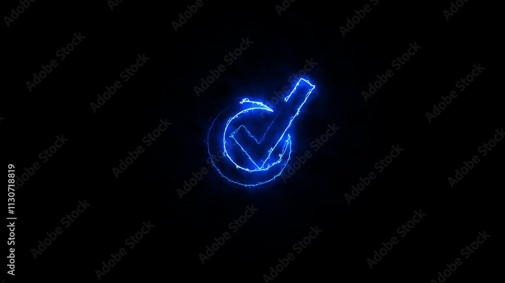 Poster neon line moving check mark icon animation concept .lighting check mark. glowing neon light check ma