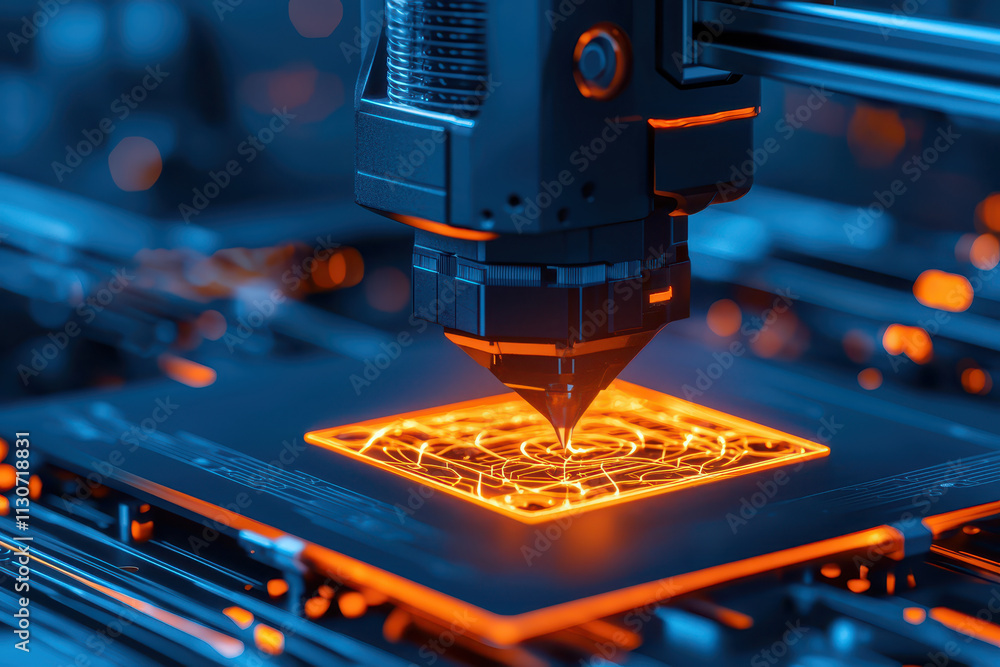 Poster close up of 3d printer creating intricate designs with vibrant orange light, showcasing advanced tec