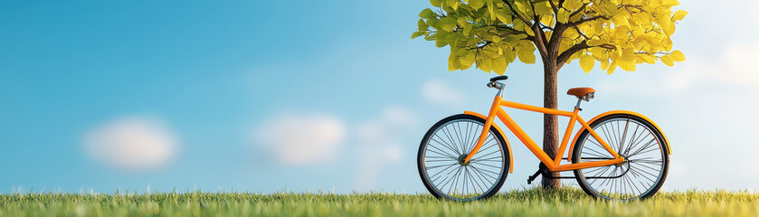 vibrant orange bicycle parked beside lush green tree under clear blue sky, evoking sense of tranquility and adventure