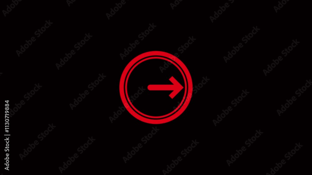 Poster glowing neon right arrow. road sign. road map. white arrow pointing graphic animation on black scree