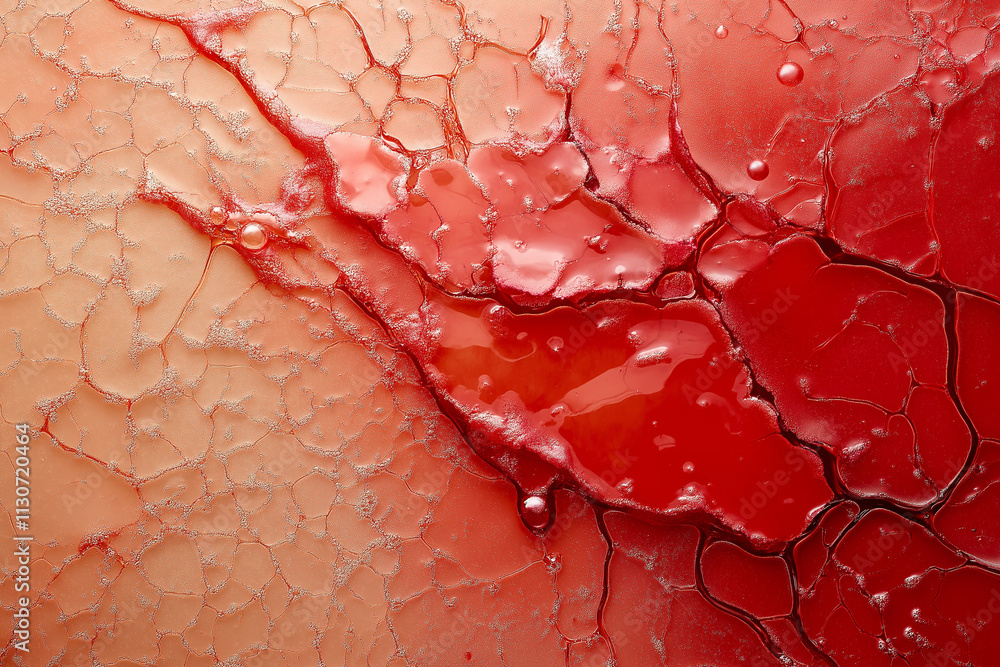 Poster exploring detailed textures of red liquid with cracked surface patterns. generative ai