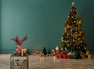 Modern green wall background, Christmas tree and many new year ornaments in the room.