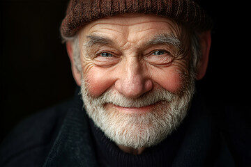 Street portrait of an elderly man 65 years old wearing a black hat on a neutral European urban background. Unshaven man in age.