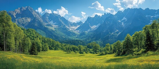 Fototapeta premium Lush green meadow nestled in a valley, majestic mountains under a vibrant blue sky.