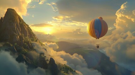 Colorful hot air balloons floating above the clouds, with majestic mountains and lush greenery below, bathed in golden sunlight, forming a beautiful landscape